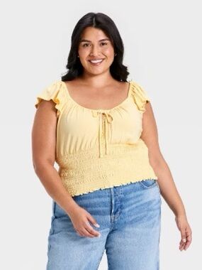 Universal Thread Butter Yellow Smocked Flutter Sleeve Blouse 1X NWT